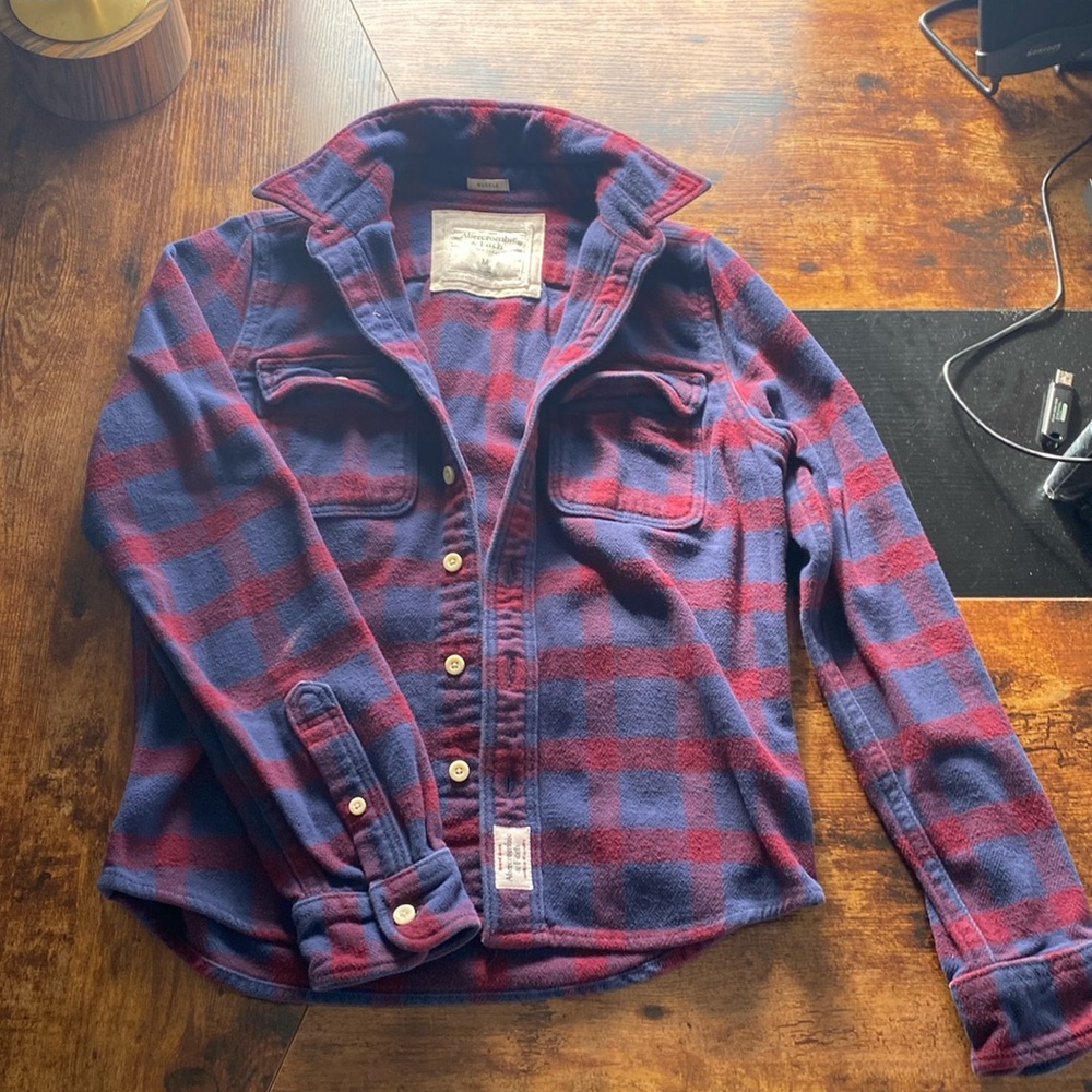 Abercrombie & Fitch Flannel Button-down, Navy blue/Maroon, Men’s Medium